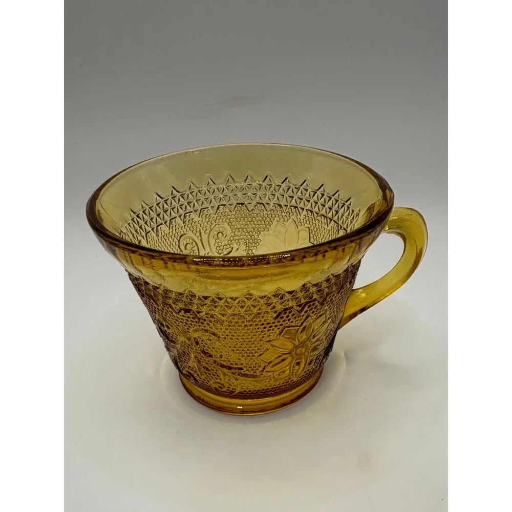Tiara Indiana Glass Sandwich Amber Snack Set Tea Cup Plate Vintage Amber Gold